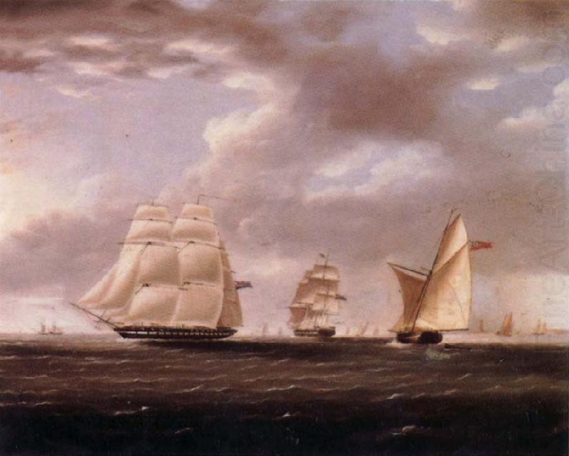 Two British frigates and a yawl passing off a coast, Thomas Buttersworth